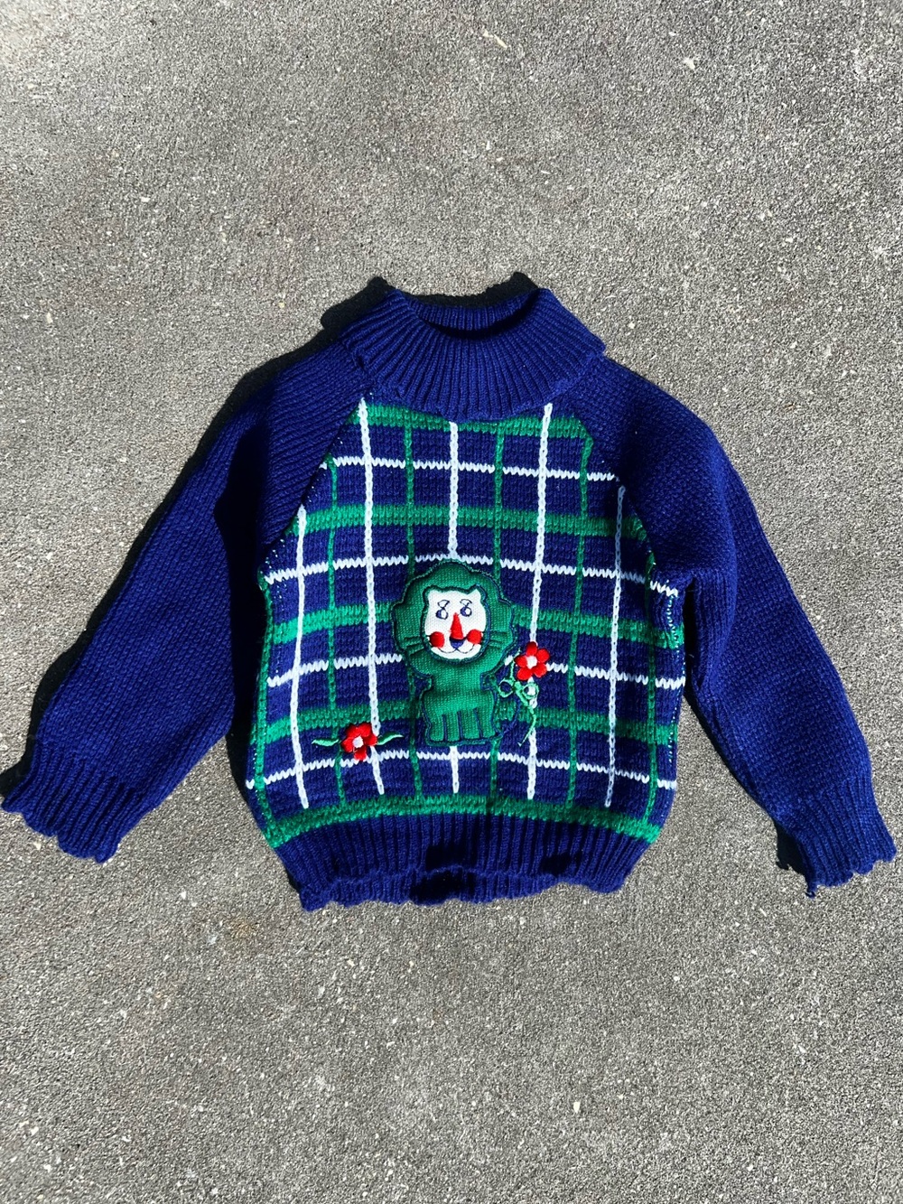 Children's Vintage Navy & Green Plaid Knit Sweater with Lion Applique